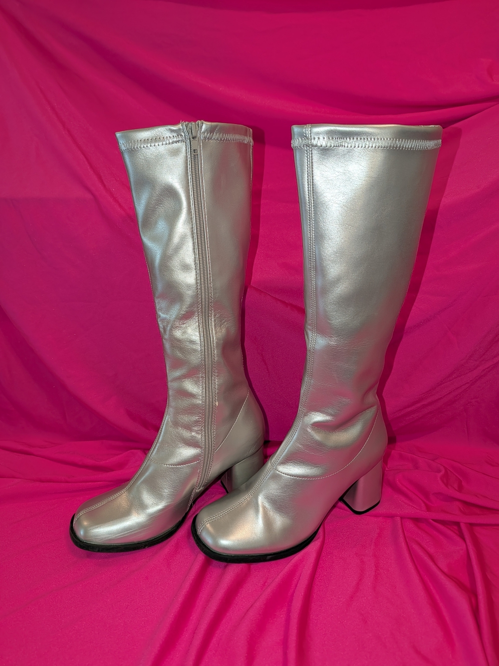 Silver Knee-High Block Heel Go-go Boots